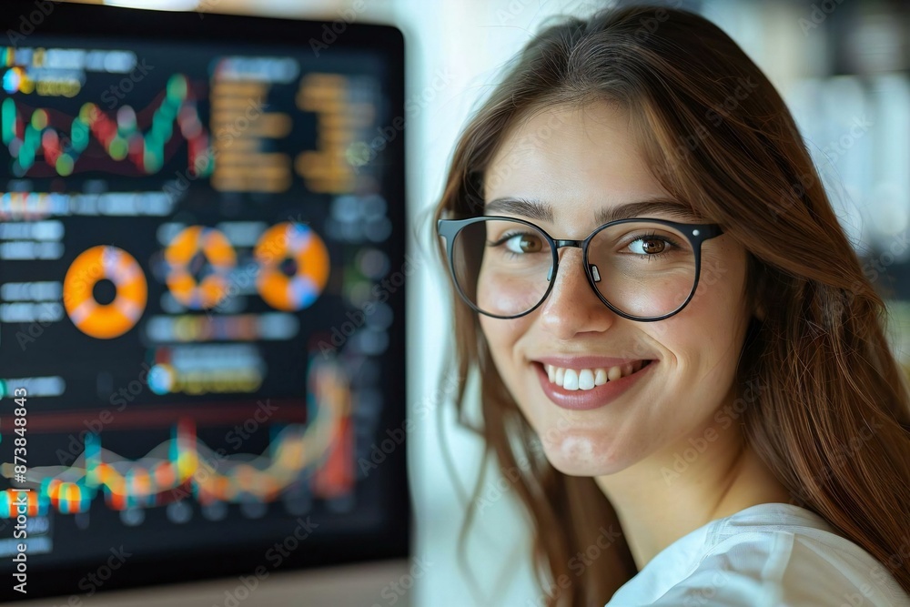 Poster beautiful woman in her 30s, wearing eyeglasses, is smiling while working on business analytics and d