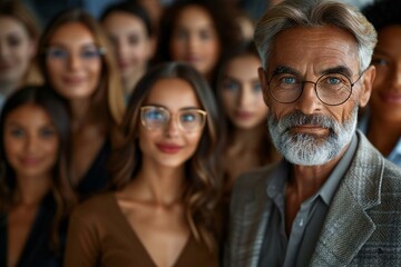 Fototapeta premium The photo features a group of beautiful, smiling individuals of varying ages and genders, some wearing eyeglasses, with one man showcasing a well-groomed beard.