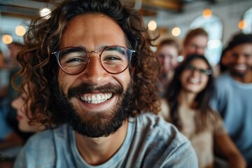 Person with a well groomed beard and glasses smiling and laughing, a beautiful woman wearing eyeglasses, a young man smiling and laughing, a group of diverse people of all ages