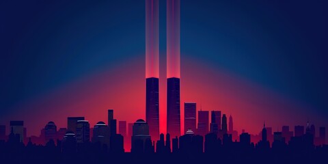 Red and blue skyline with twin beams of light memorializing 9/11