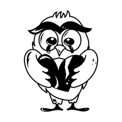 Doodle style icon showing broken heart crying owl 