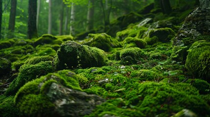 Green moss covers the rocks in a lush forest, adding a touch of soft greenery to the rugged landscape.