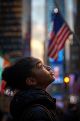Fototapeta premium Young girl looking up in NYC with American flag in background