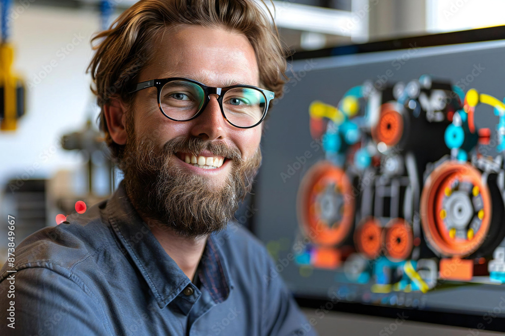 Aufkleber the beautiful engineer, with a well-groomed beard, is smiling and wearing eyeglasses while designing