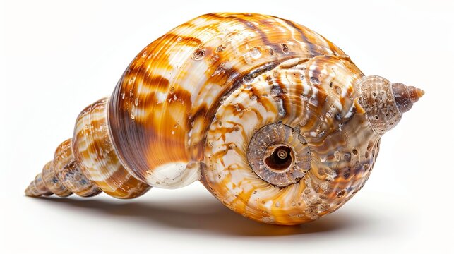 Empty ocean snail shell on a white background.