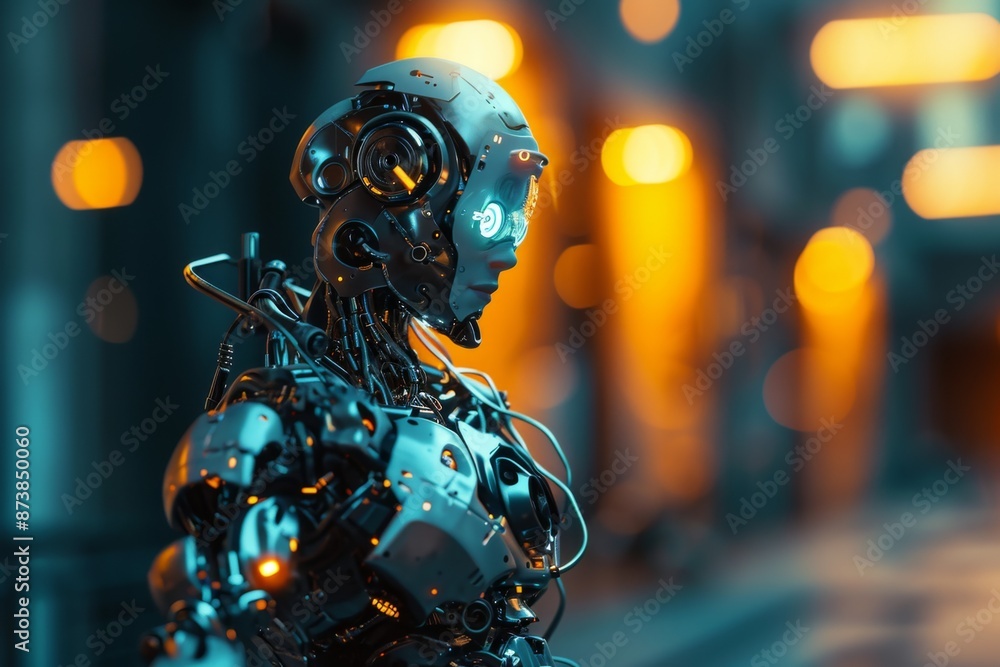Poster futuristic cyborg with robotic arm stands illuminated in modern, a modern robot positioned in front 