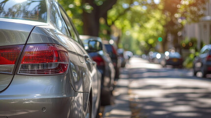 A silver car with its back bumper and taillights visible is parked on the street on a sunny summer day.