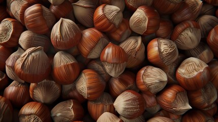 Hazelnuts, with their hard shells, sit close together.