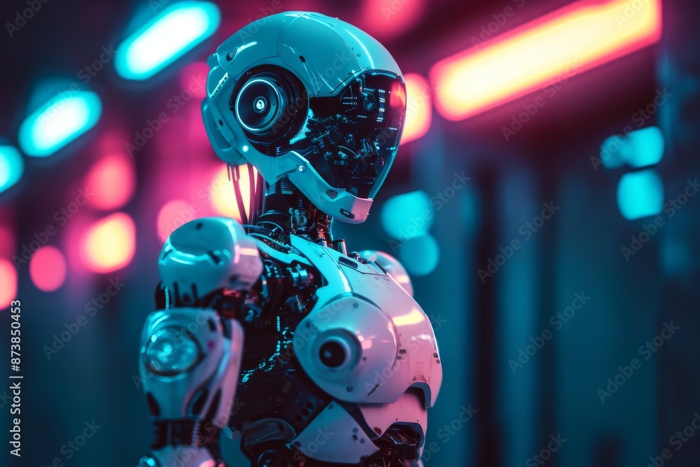 Poster futuristic cyborg with robotic arm stands illuminated in modern, a modern robot positioned in front 