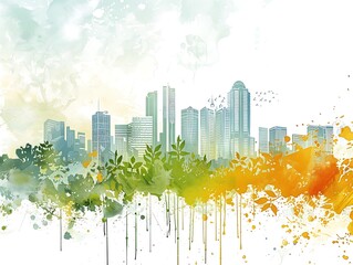 Fototapeta premium A colorful watercolor skyline blending urban architecture with natural greenery, evoking a harmonious cityscape.