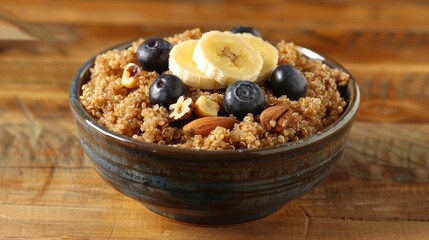 A bowl filled with granola, topped with slices of banana and scattered blueberries. The concept of a healthy breakfast.