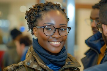 Female soldier with a big smile reuniting with her husband at home, both are beautiful and wearing eyeglasses.
