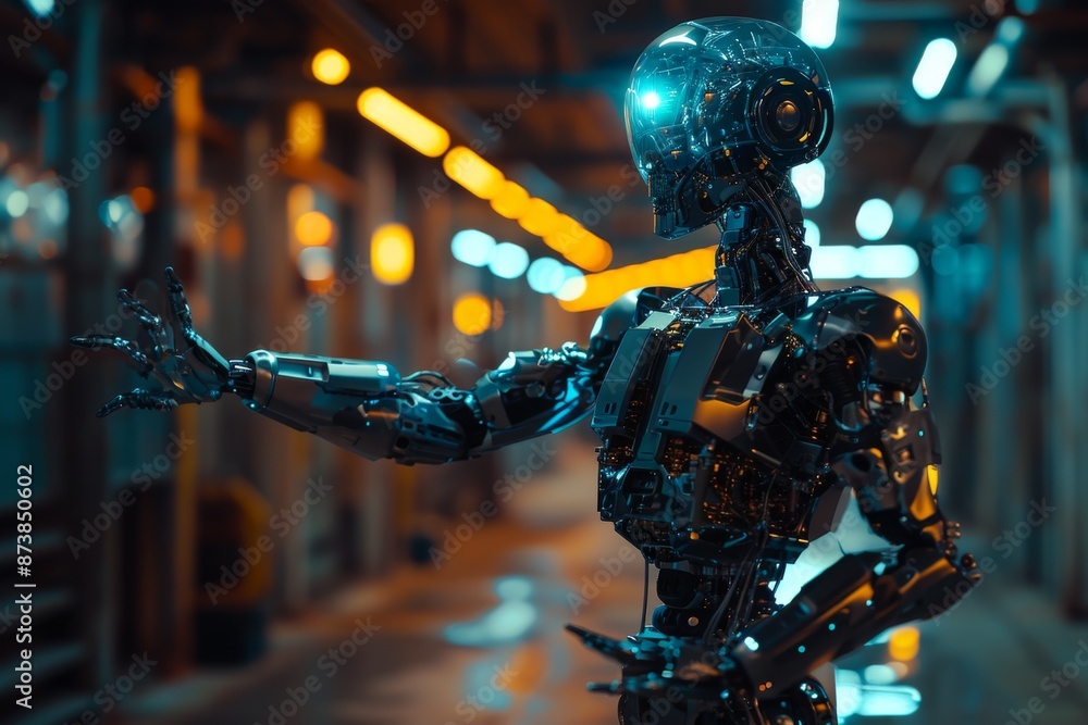 Poster futuristic cyborg with robotic arm stands illuminated in modern, a modern robot positioned in front 