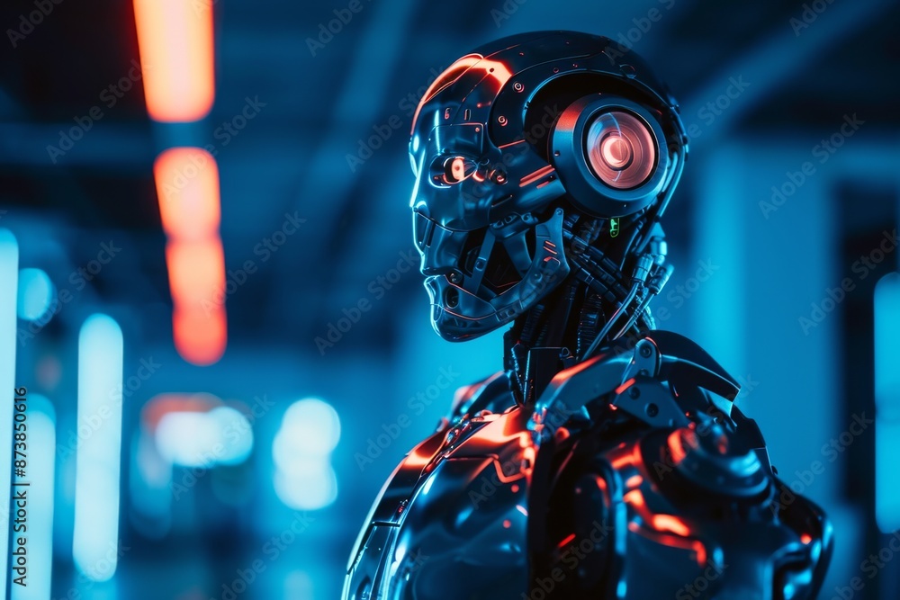 Poster futuristic cyborg with robotic arm stands illuminated in modern, a modern robot positioned in front 