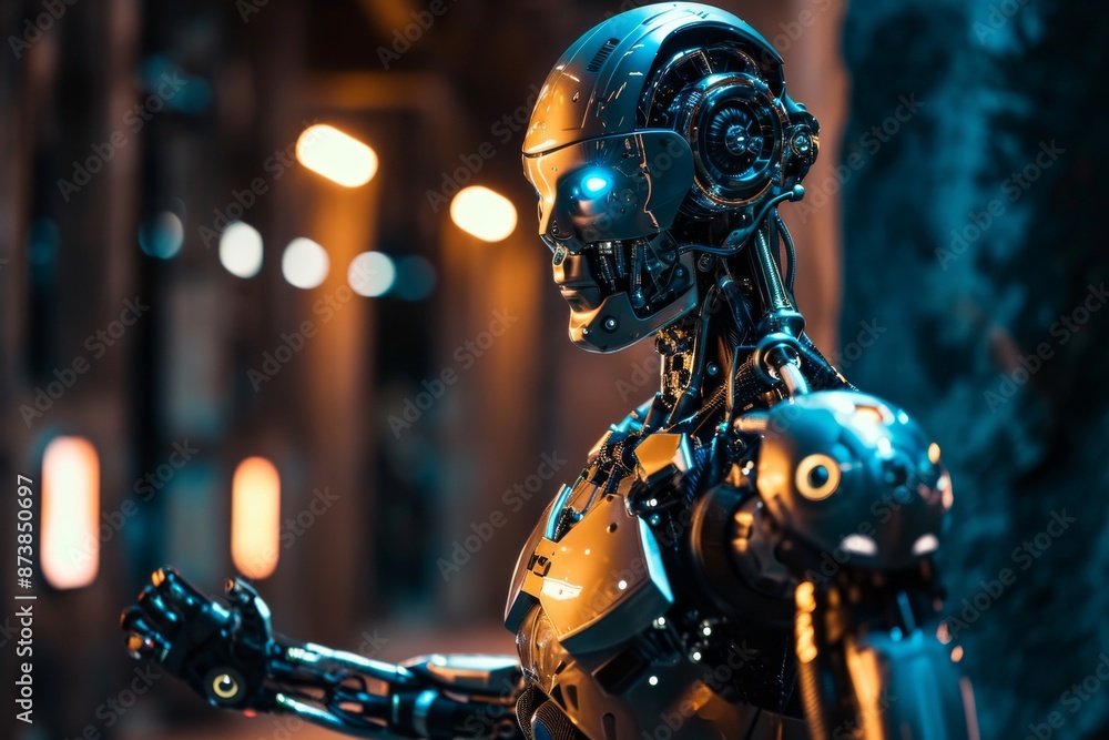 Poster futuristic cyborg with robotic arm stands illuminated in modern, an illuminated neon light casting a
