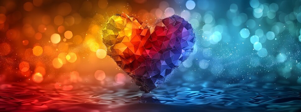 Colorful polygonal heart with different colors on blurred background. Heart pride rainbow LGBTQ happy background day community art logo symbol lgbtqia post queer poster groovy slogan progress banner