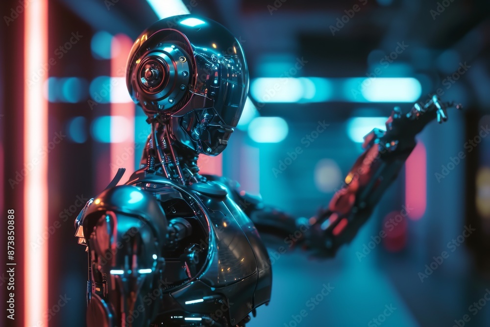 Poster futuristic cyborg with robotic arm stands illuminated in modern, an illuminated neon light casting a