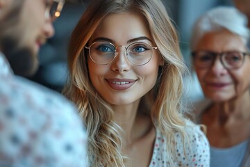 The beautiful young woman wearing glasses and a bright smile  is explaining the process of childbirth on a sample of the pelvis, while the well-groomed bearded man