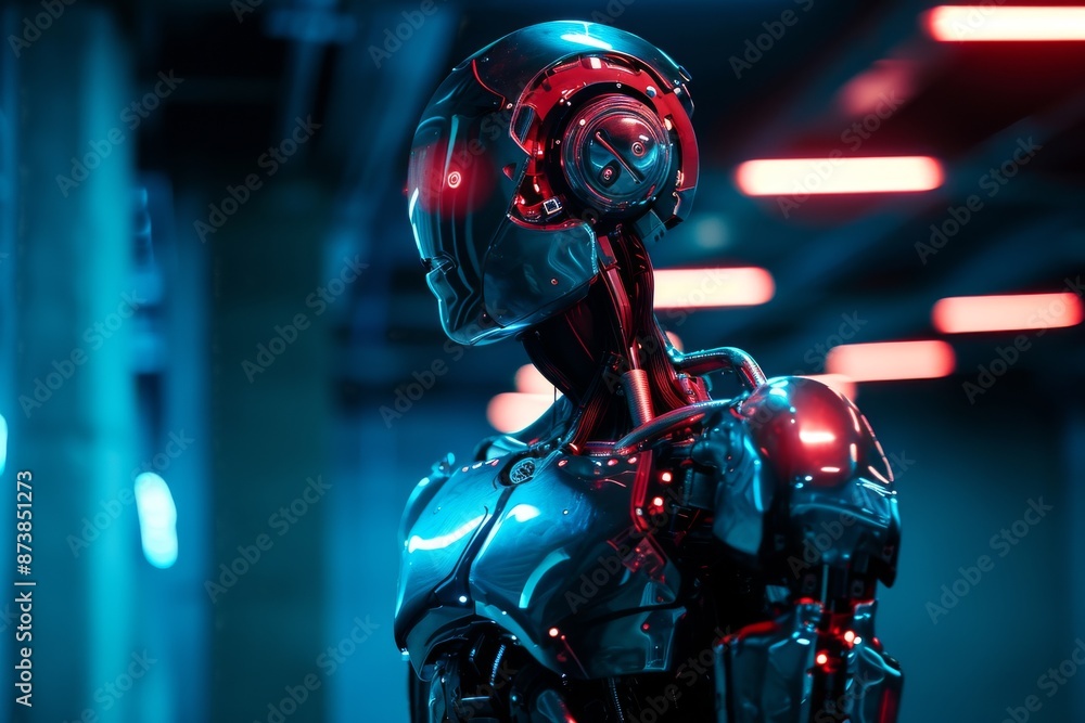 Poster futuristic cyborg with robotic arm stands illuminated in modern, a robot standing in front of a neon