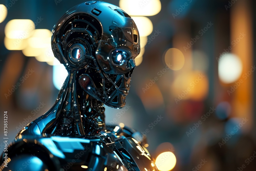 Poster futuristic cyborg with robotic arm stands illuminated in modern, a robot standing in front of a neon
