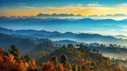 A stunning view of the Himalayas during autumn from Kausani, a hill station in Uttarakhand, India.