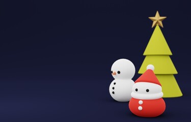 3D素材_クリスマスツリー_サンタ_雪だるま_夜