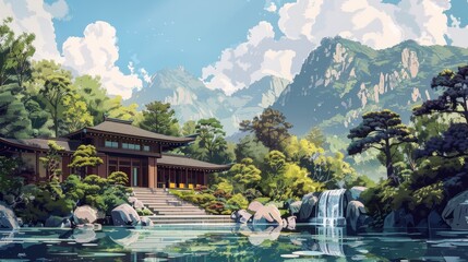 Naklejka premium Illustrate a promotional booklet for a health and wellness retreat, showcasing the programs and serene environment