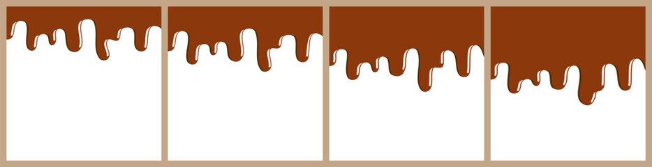 Set of melted brown chocolate dripping on white background