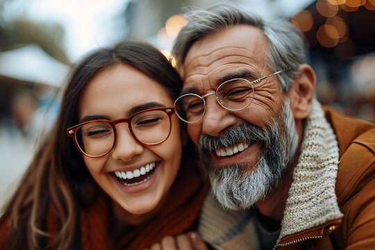 Two beautiful individuals, a middle-aged man with a well-groomed beard and a young woman wearing eyeglasses, are smiling and laughing as they discuss a testicular cancer test report