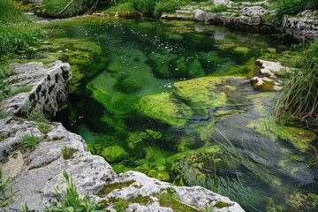 Spring Water. Natural Flowing River in Green Environment with Fresh Stones