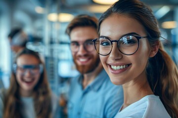 Fototapeta premium The beautiful, smiling woman wearing glasses is confidently leading the well-groomed bearded man and the laughing, youthful woman