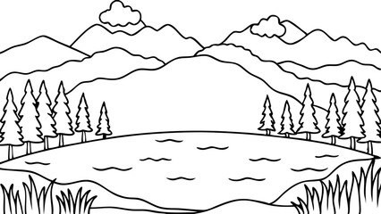 Fototapeta premium simple sketch of a mountainous landscape with peaks, trees, and a body of water.