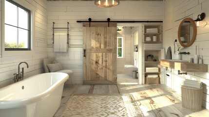 Farmhouse bathroom styles: Warm and inviting, with vintage elements, rustic wood, and simple, practical fixtures.
