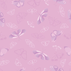 Butterflies seamless pattern with pastel pink color. Cute endless print for womens clothes, underwear, home or wedding  decor, wallpaper or other using. Vector illustration. Not AI created.