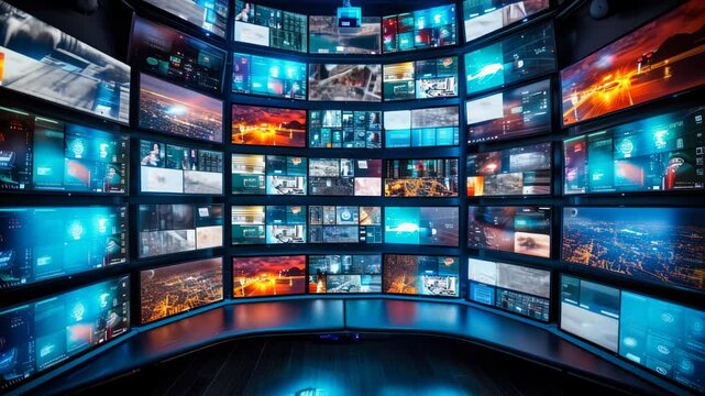Vibrant Media Broadcast Control Room, Multiple Screens Displaying Surveillance, Live Broadcasting, Telecommunication, Night Time Operations, High-Tech Monitoring Room, Dynamic Television Control Hub
