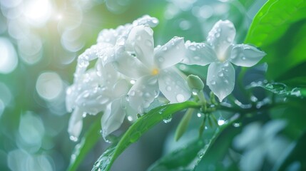 White Flowers with Dew Drops in Soft Sunlight