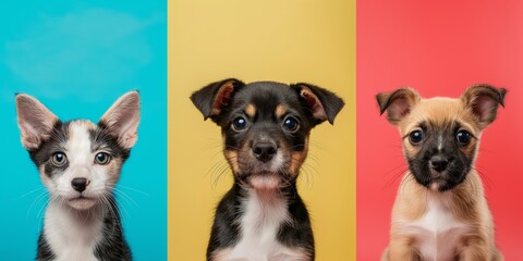 Adorable puppy and kitten sitting together in a studio collage, showcasing their cute and charming features.