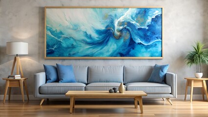 Abstract Blue Paint Background with Fluid Grunge Texture - Living Room Wall Art Mockup. Perfect for: Art Exhibitions, Home Decor, Modern Living Spaces, Interior Design