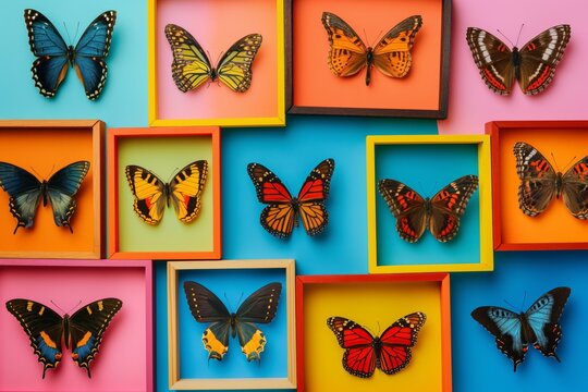 A collection of exotic butterflies with vibrant wings displayed against a soft natural background. - Powered by Adobe