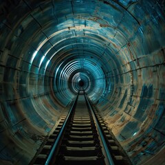 Eerie, illuminated underground tunnel with rail tracks leading into the unknown, showcasing an industrial and mysterious atmosphere.