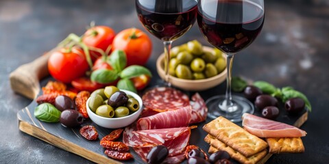 A variety of gourmet meats and cheese on a rustic wooden platter, perfect for a Mediterranean lunch.