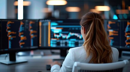 A high-tech office space with consultants and brokers from a business firm analyzing market trends