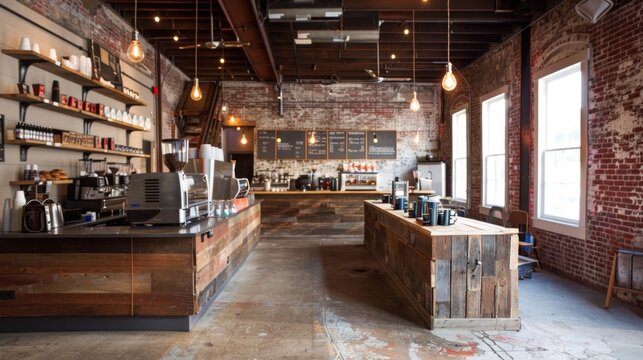 An industrial coffee shop vibe with exposed brick, metal fixtures, concrete floors, and reclaimed wood furniture, exuding a raw and edgy aesthetic.
