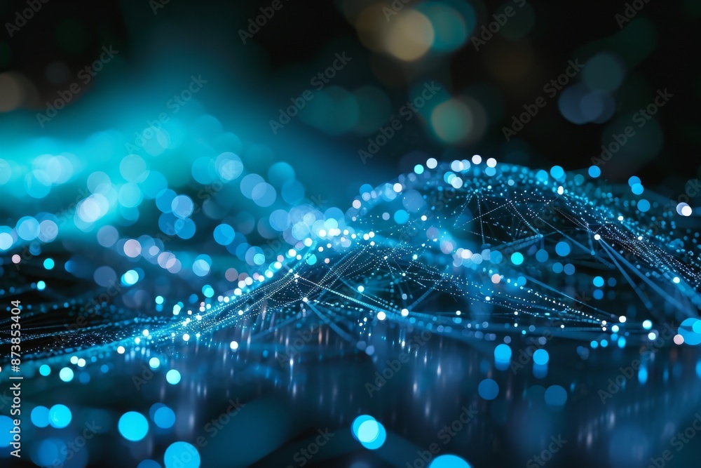 Poster futuristic computer network connects global communication waves, illustration of a world map with li