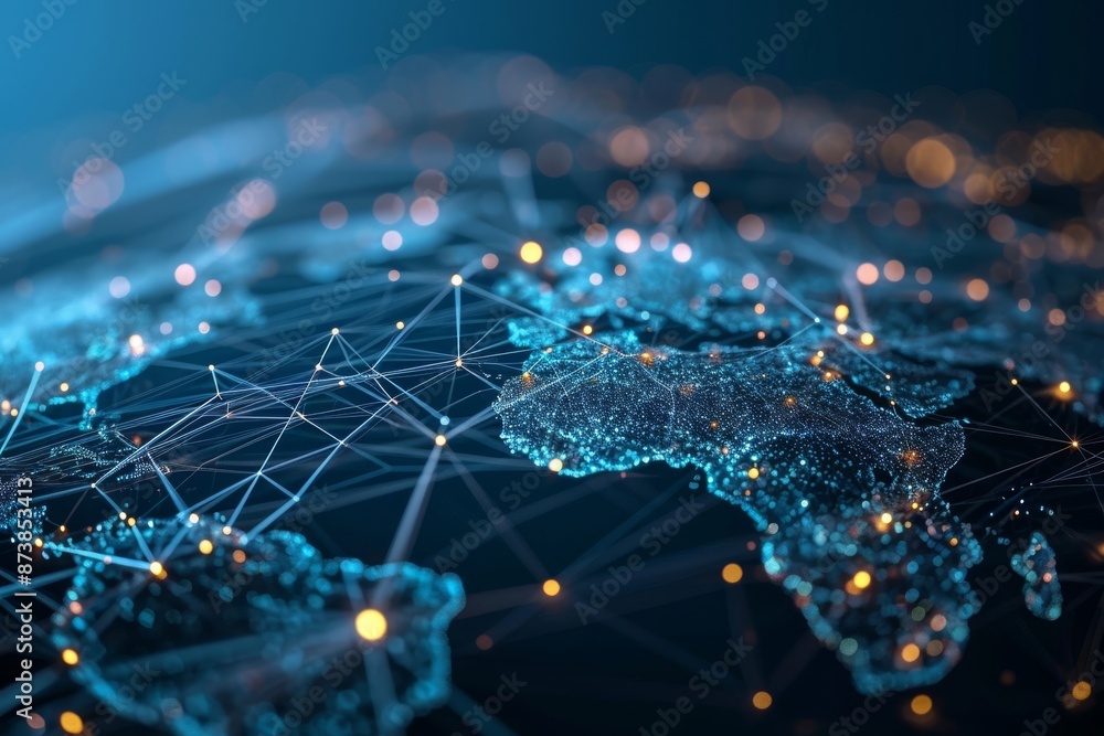 Poster futuristic computer network connects global communication waves, illustration of a world map with li