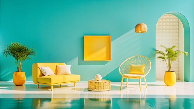 Minimal Spaces with Maximal Light in 3D Visuals - Green and Yellow Tone. Perfect for: Interior Design Blogs, Art Exhibitions, Home Decor, Architectural Magazines