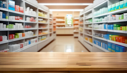 Empty Wooden table in a pharmacy store aisle with shelves stocked with medication boxes Empty wooden table in a pharmacy aisle Unattended table in front  pharmacy shelves Empty space table background