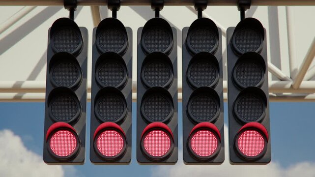 Close up of the formula one car racing starting lights sequence signalling the beginning of the race. 3d animation rendering