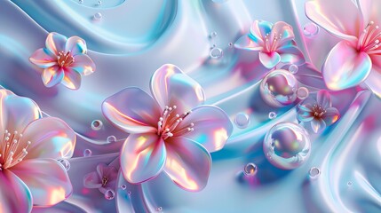Modern 3D flowers with futuristic cube waves and holographic textures. Fashionable illustration for websites. Realistic pearl and mother-of-pearl decorations. 3D background.