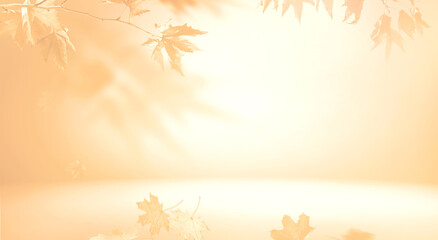 Minimalistic Fall scene in cream color shades. Autumn background with shadow of maple tree leaves on a wall.